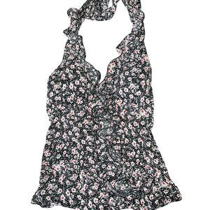 Mandee Ruffle Halter Top Womens L Black Floral Tie Neck Blouse Babydoll Y2K